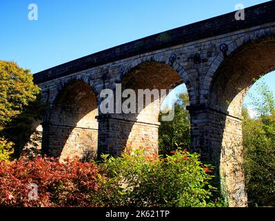 La vista da un giardino vicino ad un viadotto che attraversa il canale stretto di Huddersfield, a Uppermill, Oldham, Foto Stock