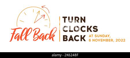 Riporta indietro gli orologi di un'ora, l'ora legale termina il banner del promemoria Web. Tempo di caduta. Disegno disegnato a mano di orologi con la freccia che gira indietro di un Illustrazione Vettoriale