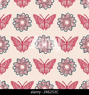 Motivo a farfalla retrò senza cuciture. 70s stile ecologico insetti giardino fauna carta da parati. Terroso piastrella decorativa lepidoptera. Illustrazione Vettoriale