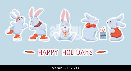 Carino conigli invernali Set Happy Holidays Card Illustrazione Vettoriale