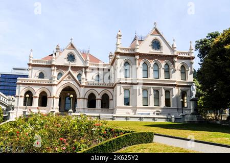 La Biblioteca parlamentare si trova accanto al parlamento neozelandese a Wellington, sull'isola settentrionale della Nuova Zelanda. Wellington è soprannominata "Windy Wellin" Foto Stock