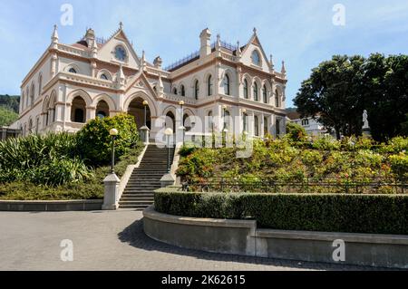 La Biblioteca parlamentare si trova accanto al parlamento neozelandese a Wellington, sull'isola settentrionale della Nuova Zelanda. Wellington è soprannominata "Windy Wellin" Foto Stock