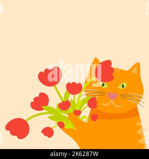 Arancione gatto divertente con un bouquet di fiori. Illustrazione Vettoriale