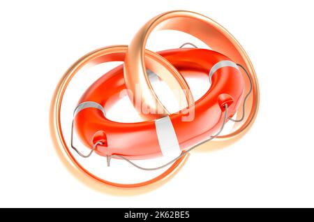 Anelli di nozze con cintura di salvataggio, 3D rendering isolato su sfondo bianco Foto Stock
