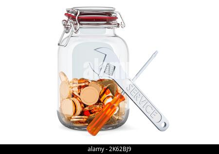 Vasetto di vetro con monete dorate con cacciavite e chiave, 3D rendering isolato su sfondo bianco Foto Stock