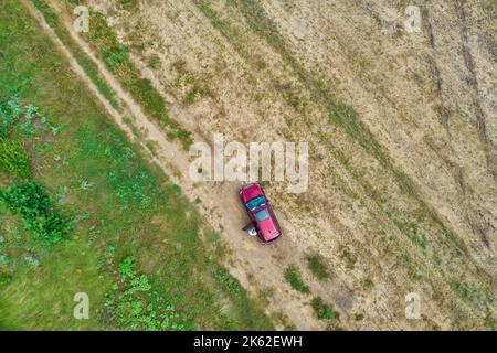 Vista aerea del drone sopra i cavalletti rossi dell'automobile del SUV con il driver su un campo agricolo estivo raccolto Foto Stock