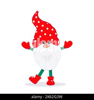 Un gnomo carino bearded in un cappuccio rosso, un carattere fiabesco di Natale. Illustrazione vettoriale in stile piatto Illustrazione Vettoriale
