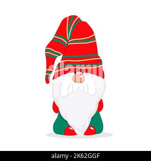 Un gnomo carino bearded in un cappuccio rosso, un carattere fiabesco di Natale. Illustrazione vettoriale in stile piatto Illustrazione Vettoriale