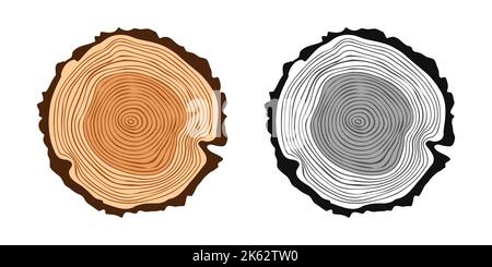 Tagli di tronco di albero tondo in vari colori, segato pino o fette di quercia, legname. Legname tagliato da poco, legno. Struttura di legno marrone con anelli di albero. Disegnato a mano Illustrazione Vettoriale