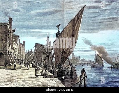 Scena dei canali alla fine del 19th Secolo nella città di Chioggia, Veneto, Italia / Stadt Chioggia, Venetien, Italien, originale stampa del 19th secolo, Historich, digitale migliorata riproduzione di un originale del 19th secolo / digitale Reproduktion einer Originallage voraus dem 19. Jahrhundert, Foto Stock