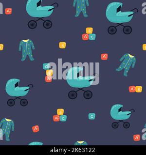 Collezione di icone di giocattoli per bambini, disegno a mano senza cuciture modello. Sfondo blu con prodotti per bambini. Bambino giocattolo icona set vettore. Illustrazione decorativa, goo Illustrazione Vettoriale