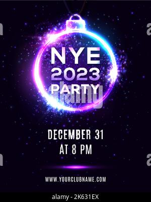 Poster della festa di Capodanno 2023 su sfondo blu scuro. NYE bella festa banner, appeso palla natale forma elettrica cornice circolare. Volantino notturno in discoteca Illustrazione Vettoriale