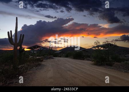 Vista al tramonto dell'area picnic e dei ramadas al Lake Pleasant Regional Park, a Maricopa, Arizona. Foto Stock