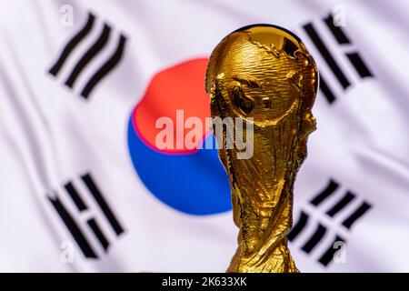 Coppa del mondo FIFA sullo sfondo della bandiera della Corea del Sud. Foto Stock