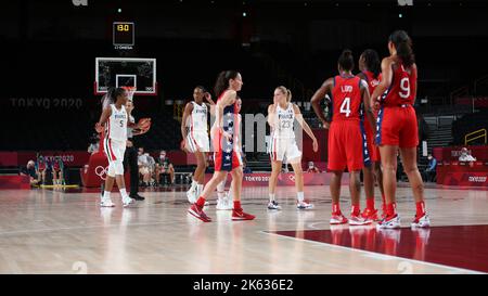 25th LUGLIO 2021 - SAITAMA, GIAPPONE: Donne Basket Preliminary Round Group Una partita tra Stati Uniti e Francia ai Giochi Olimpici di Tokyo 2020 (Foto di Mickael Chavet/RX) Foto Stock