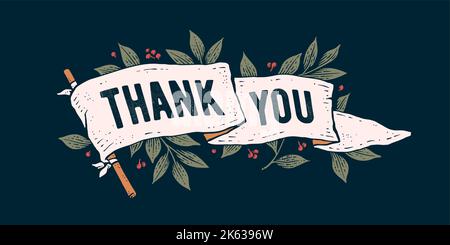 Grazie. Biglietto d'auguri retrò con bandiera a nastro e testo Grazie. Vecchio banner bandiera a nastro in stile incisione per il giorno felice del Ringraziamento. Bandiera vintage della vecchia scuola. Illustrazione vettoriale Illustrazione Vettoriale