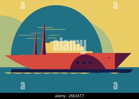 Una colorata barca a cartoni animati che galleggia sul mare al tramonto - perfetta per gli sfondi Illustrazione Vettoriale
