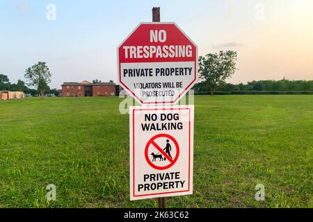 Il segno proibitivo sull'etichetta Nessun trasgressione, proprietà privata, i violatori saranno perseguiti, nessun cane che cammina contro il prato verde alla luce del sole. Foto Stock