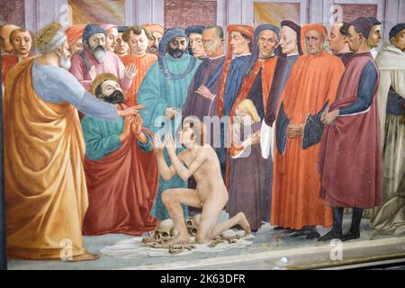 Risveglio del figlio di Teofilo e San Pietro in trono da Masaccio nella Cappella Brancacci della Chiesa di Santa Maria del Carmine Firenze Italia Foto Stock