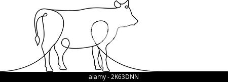Disegno continuo di una linea di mucca. Simbolo del toro. Animale di fattoria illustrazione continua di una linea. Illustrazione lineare vettoriale minimalista. Illustrazione Vettoriale