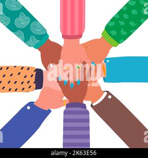 Mani insieme. Persone che mettono le mani insieme. Concetto di comunità, partnership, lavoro di squadra, amicizia, cooperazione. Illustrazione Vettoriale