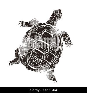 Turtle in stile retrò linocut, silhouette vintage di tartaruga su bianco Illustrazione Vettoriale