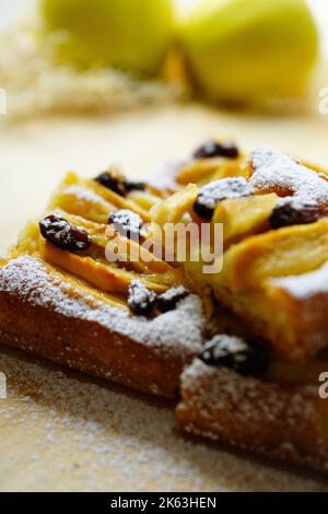 Torta di mele fatta in casa con uvetta cosparso di zucchero a velo Foto Stock