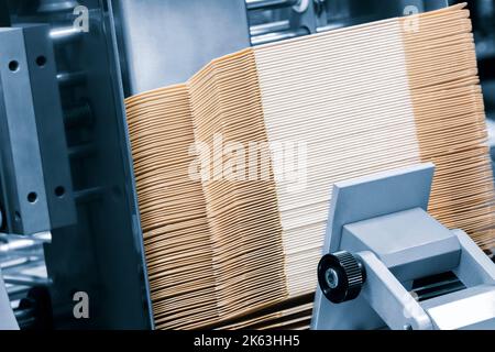 Gli elementi delle scatole corton vengono raccolti in pila. Linea di trasporto per la produzione di scatole. La macchina taglia scatole di cartone da fogli di cartone. Int Foto Stock