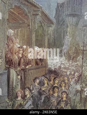 Le crociate furono una serie di guerre religiose nell'Asia occidentale e l'Europa iniziò, sostenuta e talvolta diretta dalla Chiesa cattolica, La Crociata dei Bambini fu una disastrosa crociata popolare da parte dei cristiani europei per riconquistare la Terra Santa dai musulmani, che si dice abbia avuto luogo nel 1212, Der Kinderkreuzzug bei dem im Frühsommer des Jahres 1212 Tausende von Kindern, Jugendlichen und Erwachsenen aus Deutschland und aus Frankreich unter der Leitung visionärer Knaben zu einem unwaffneten Kreuzzug ins Heilige Land aufbrachen, Kreuzzüge waren von der Lateinischen Kirche sanktionerte, Foto Stock