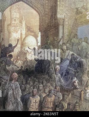 Le crociate furono una serie di guerre religiose nell'Asia occidentale e l'Europa iniziò, sostenuta e talvolta diretta dalla Chiesa cattolica, catturò templari al Cairo, quarta crociata, Egitto, gefangene Tempelritter a Kairo, vierter Kreuzzug, Ägypten, Kreuzzüge waren von der Lateinischen Kirche sanktionierte, strategisch, religiös und wirtschaftlich motivierte Kriege zwischen 1095/99 und dem 13. Jahrhundert, Historisch, riproduzione digitale migliorata di un originale del 19th secolo / digitale Reproduktion einer Originalvorlage aus dem 19. Jahrhundert Foto Stock