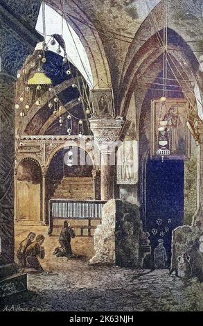 Cappella di Sant'Elena nella Chiesa del Santo Sepolcro, Gerusalemme, Israele / Helenenkapelle mit dem Eingang zur Kreuzfindungskapelle in der Kirche des heiligen Grabes a Gerusalemme, Israele, Historiisch, digitale migliorata riproduzione di un originale del 19th secolo / digitale Reproduktion einer Originalvorlage aus dem 19. Jahrhundert Foto Stock