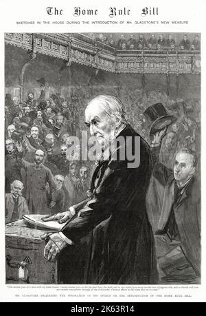 Il primo ministro William Ewart Gladstone (1809 - 1898), ha pronunciato la perorazione del suo discorso sull'introduzione della legge sull'Home Rule, che concede all'Irlanda un limitato autogoverno all'interno dell'Impero britannico. Foto Stock