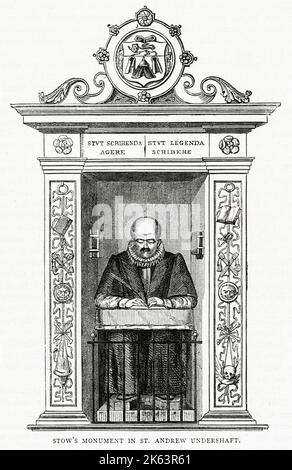 Monumento di John Stow a St Andrew Undershaft, Londra. Con le braccia della Compagnia Worshipful di Taylors Merchant e iscrizione latina significato: O fare cose che vale la pena di scrivere o scrivere cose che vale la pena di leggere. Foto Stock