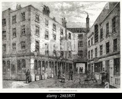 L'esterno della caffetteria di Garraway a Change Alley, Londra, ricostruita dopo un incendio nel 1748, una delle prime a vendere tè nel 17th ° secolo. Foto Stock