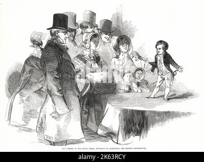 Charles Sherwood Stratton, noto da tutti come generale Tom Thumb (1838 - 1883), nano americano, che raggiunse una grande fama. Indossando un abito da corte, apparendo alla Egyptian Hall a Piccadilly, dove si offre orgogliosamente di negoziare la questione dell'Oregon tra Inghilterra e America. Foto Stock