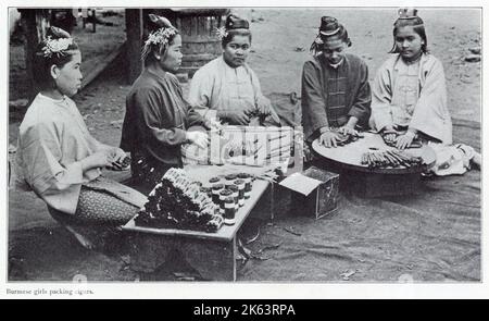 Le donne birmane che arrotolano il tabacco in foglia in sigari. Foto Stock