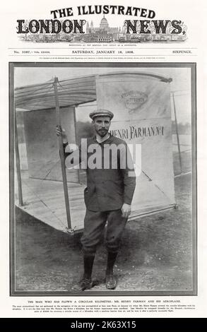 Henri Farman (1874 - 1958), aviatore britannico-francese e costruttore di aerei. Apparso sulla copertina di ‘The Illustrated London News’ per aver appena vinto il premio Deutsch-Archdiacon di 50.000 franchi, a Issy-les-Moulineaux, Francia. Per il volo di successo di un aereo più pesante dell'aria, che vola a trentuno miglia all'ora, su un percorso circolare che misura un chilometro. Data: 13th gennaio 1908 Foto Stock