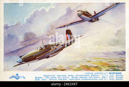 North American Mustang - Single-Seat low-wing Army Co-Operation Fighter. Motore Allison 1150hp. Velocità massima 370mph. Il raggio d'azione supera le 500 miglia. Span 37ft. Lunghezza 32ft. 2 '. Funzioni speciali, ricognizione ad alta velocità e attacco di basso livello. Foto Stock