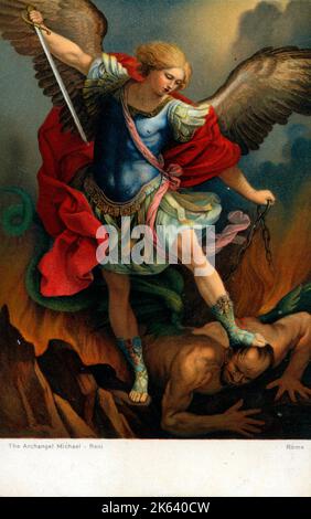 San Michele Arcangelo sconfigge Satana (1635) di Guido reni (1575-1642). Reni era arrabbiato con Papa Innocenzo X per aver criticato il suo lavoro, e alcuni studiosi sostengono che Reni ritrasse Innocenzo X come il diavolo in questo dipinto. Foto Stock