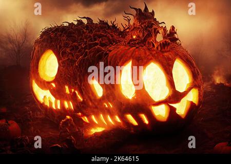 Primo piano di zucche di Halloween intagliate con candele che sfarfallano e seduti su un campo al buio di notte durante Halloween. Illustrazione 3D. Foto Stock
