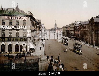 San Pietroburgo, Nevsky Prospekt, Russia, tram e negozi, c1900. Foto Stock