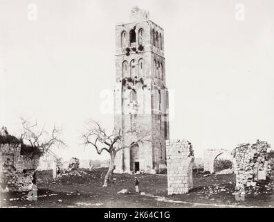 Vintage 19 ° secolo fotografia: torre di Ramleh. Terra Santa, Palestina, Israele moderno. La Moschea Bianca è un'antica moschea Ummayad nella città di Ramla, Israele. Solo il minareto è ancora in piedi. William Hammerschmidt, 1860's. Foto Stock