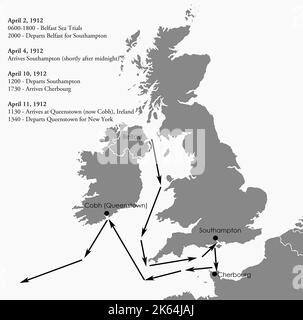 Una mappa che mostra il percorso del RMS Titanic nel suo sfortunato viaggio della Maiden, da Belfast a Southampton; da Southampton a Cherbourg; da Cherbourg a Queenstown (ora Cobh) e poi un'ultima partenza per New York. Foto Stock