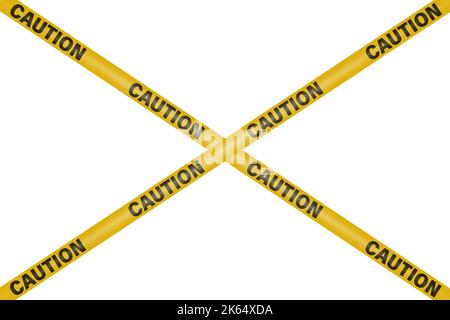 Avviso Vector nero e giallo, nastro di arresto pericolo isolato su sfondo orizzontale bianco. Pericolo incrociato, cartello con nastro di attenzione, scherma, avvertenza Illustrazione Vettoriale