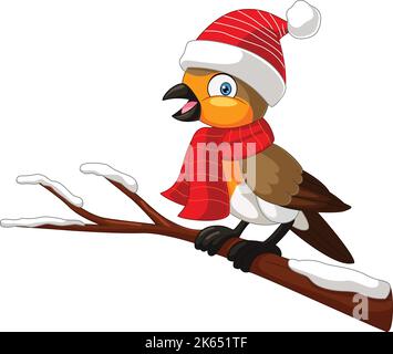 Uccello del robin del cartone animato che indossa il cappello e la sciarpa di santa Illustrazione Vettoriale