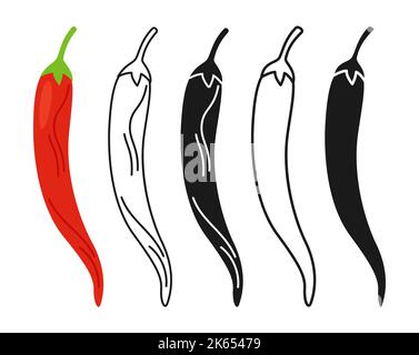 Set di simboli lineari per cartoni animati al peperoncino rosso piccante, stile doodle, silhouette. Icona di verdure fresche, cibo biologico sano spezia peperoncino design. Cucina vegetariana agricola, vettore di mercato agricolo Illustrazione Vettoriale