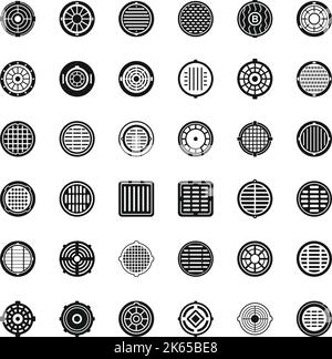 Le icone di manhole impostano un vettore semplice. Tappo di canalizzazione. Copertura in asfalto Illustrazione Vettoriale