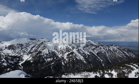 Vista in lontananza della catena montuosa innevata del Wyoming Foto Stock