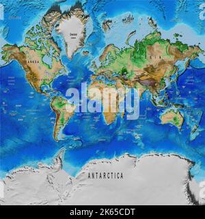 Mappa del mondo fisico proiezione di Mercatore Foto Stock