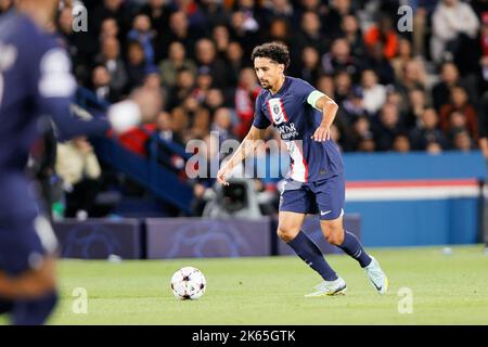 Parigi, Francia. 11th Ott 2022. Marquinhos di PSG durante la UEFA Champions League, partita di calcio del Gruppo H tra Parigi Saint-Germain e SL Benfica il 11 ottobre 2022 allo stadio Parc des Princes di Parigi, Francia - Photo Elyse Lopez/DPPI Credit: DPPI Media/Alamy Live News Foto Stock